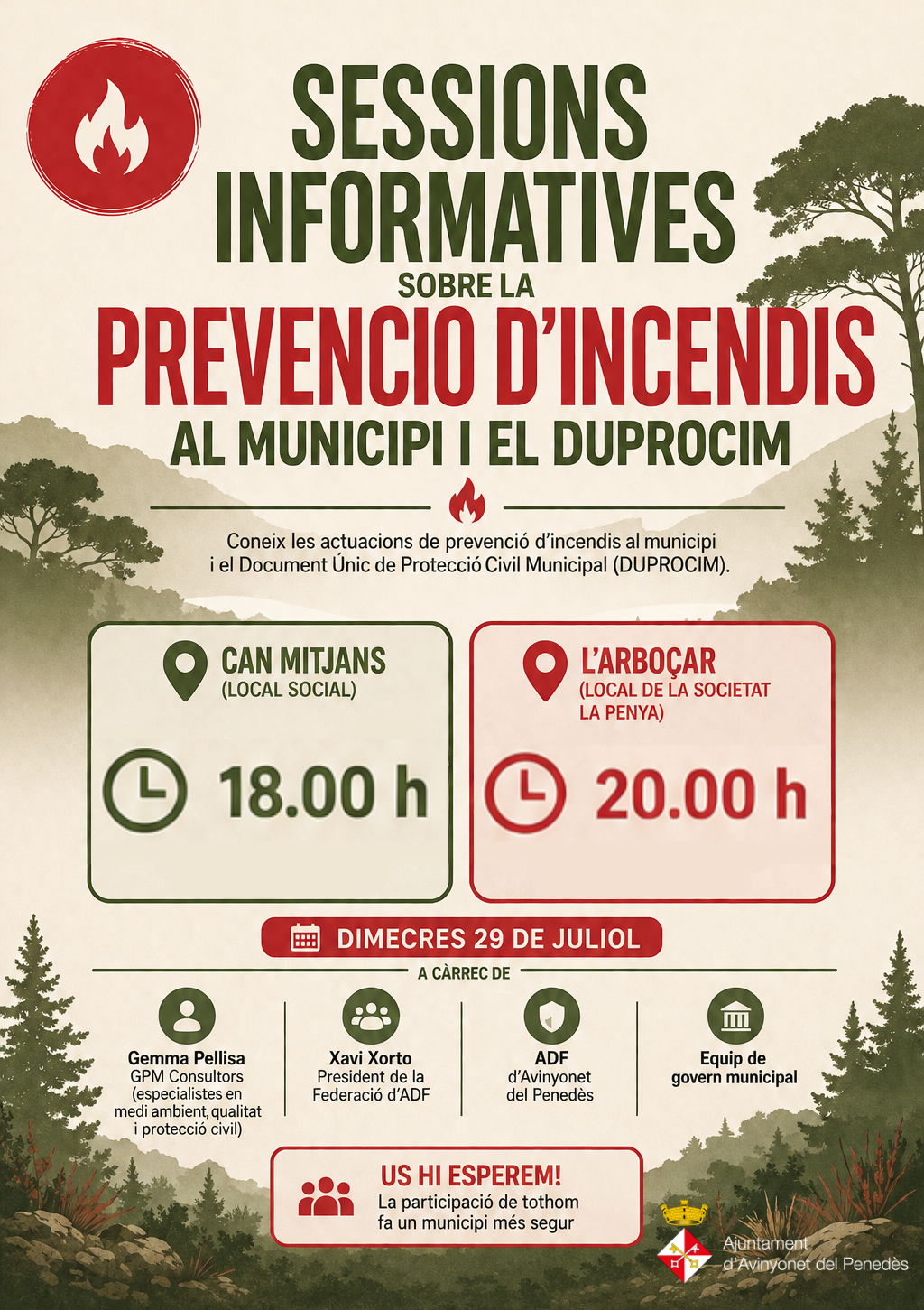 L'Ajuntament organitza dues sessions informatives sobre la prevenci&oacute; d'incendis forestals i el DUPROCIM